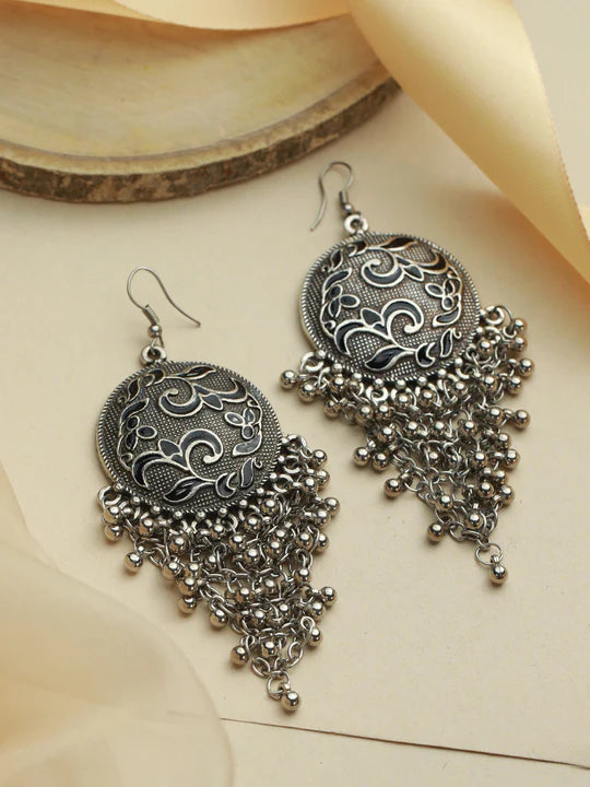 Floral Oxidised Silver Chunky Drop Earrings