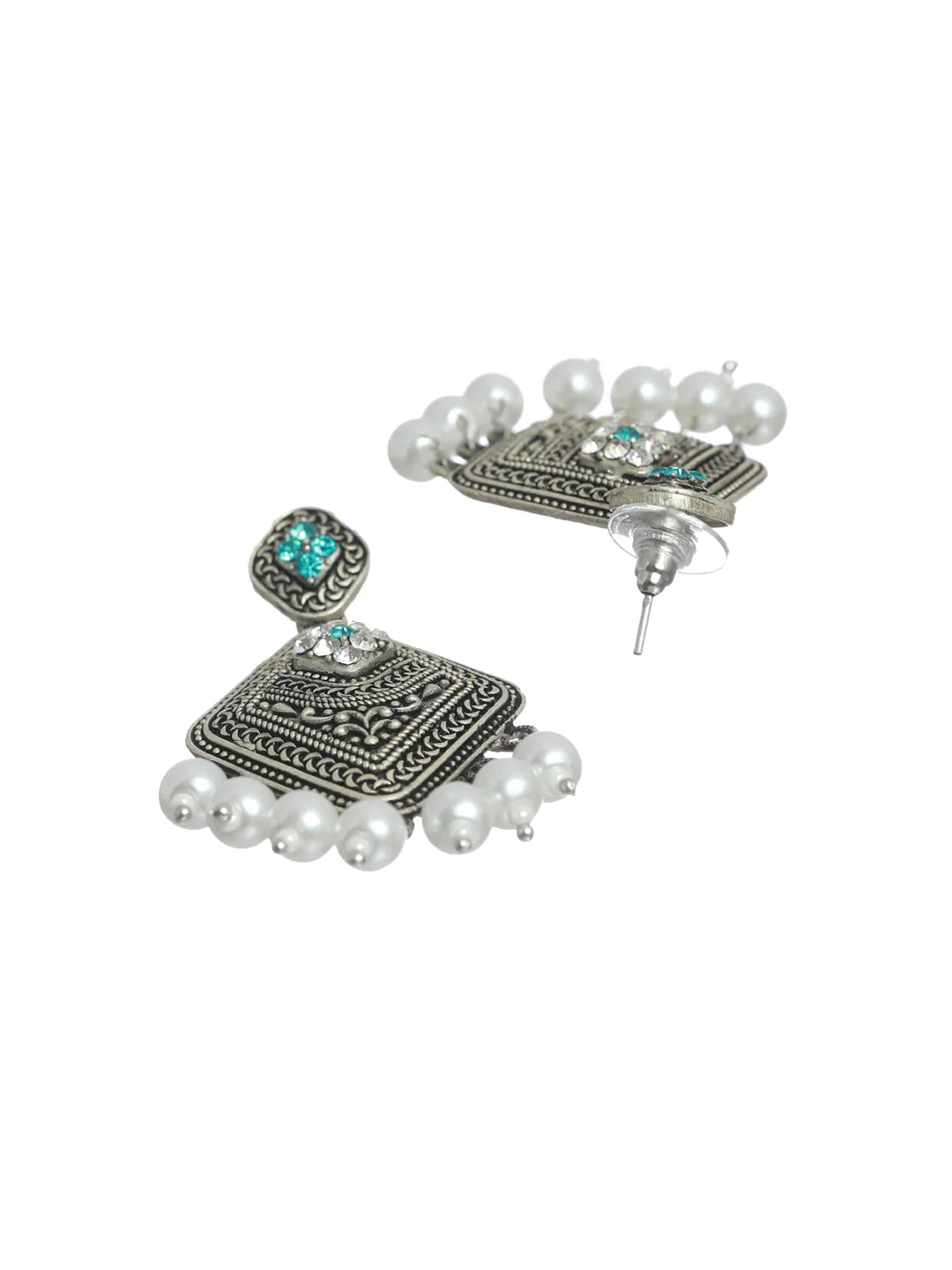 Blue Floral Oxidised Silver Pearl Drop Earrings