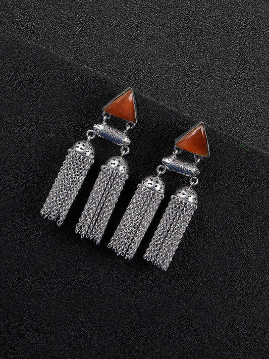 Oxidised Silver-Plated Stone studded Drop earrings
