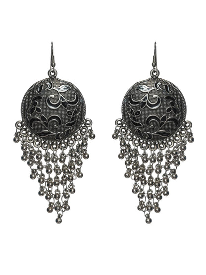 Floral Oxidised Silver Chunky Drop Earrings