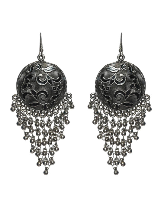 Floral Oxidised Silver Chunky Drop Earrings