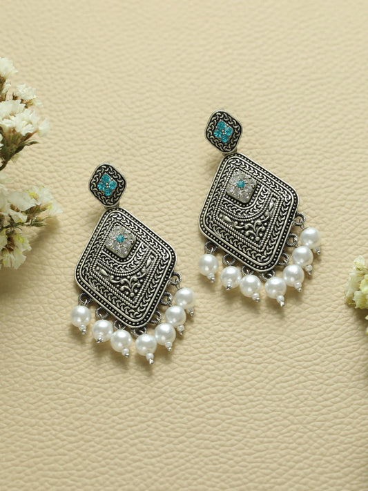 Blue Floral Oxidised Silver Pearl Drop Earrings